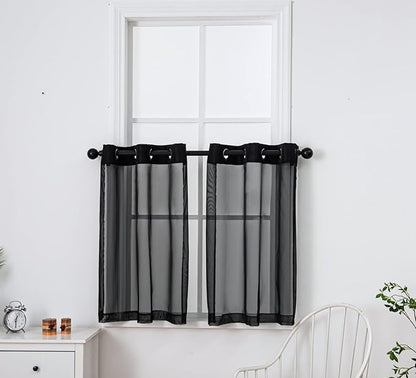 PI Black Sheer Tier Curtains 36 Inches Length with Ring Top,Small Polyester Casual Modern Café Curtains for Kitchen/Bathroom/Farmhouse/Basement 2 Panels(Black,W42XL36)