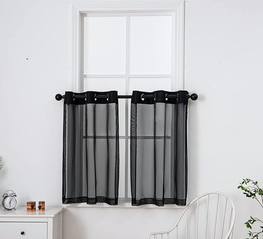 PI Black Sheer Tier Curtains 36 Inches Length with Ring Top,Small Polyester Casual Modern Café Curtains for Kitchen/Bathroom/Farmhouse/Basement 2 Panels(Black,W42XL36)