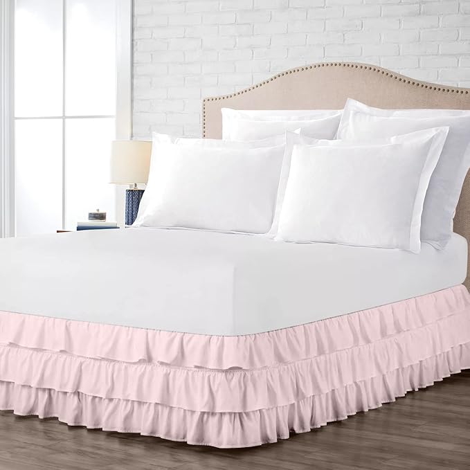 Multi-Ruffle Bed Skirt - Multi Elastic with Wrap Around Bed Skirt Easy Fit with 18" Drop 100% Cotton 800 Thread Count Twin Size Pink Solid
