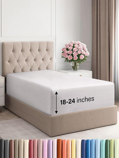 Extra Deep Twin XL Fitted Sheet - Hotel Luxury Single Fitted Sheet Only - Easily Fits 18 inch to 24 inch Mattress - Ultra Soft, Wrinkle Free with Extra Deep Pockets - Breathable & Comfy - French Grey