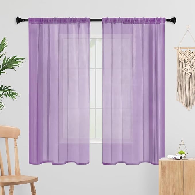 Sheer Curtains 45 Inches Long 2 Panels, Rod Pocket Short Curtain for Kitchen, Bedroom, Cafe Window(Lavender 38" W x 45" L)