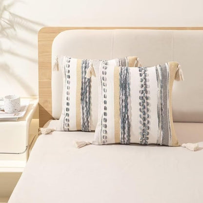 Boho Throw Pillow Covers 18x18 Set of 2 Woven Tufted Farmhouse Pillows Cover with Tassels Textured Striped Cushion Case Neutral Pillow Cases Decorative Pillowcase for Sofa Couch Bed,Grey