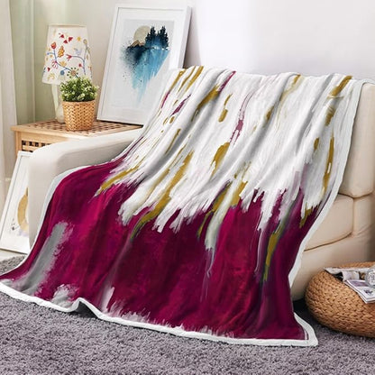 Abstract Ombre Throw Blankets, Modren Chic Art Oil Painting Cozy Warm Bed Couch Blanket, Hot Pink Gold White Fleece Flannel Throws to Decorate The Room and Bedroom