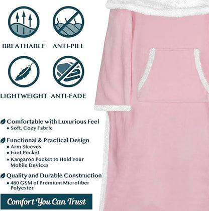 PAVILIA Sherpa Blanket with Sleeves, Foot Pocket for Women Men Adults, Thick Wearable Blanket Throw Wrap, Fleece Warm Snuggle Blanket Robe, Cozy Gift Ideas Wife Mom, Pink