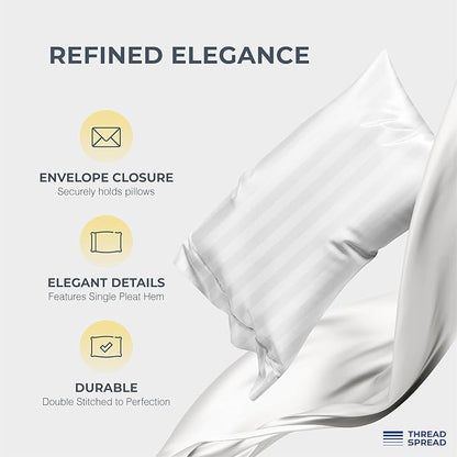 THREAD SPREAD 100% Egyptian Cotton Sheets Queen Size - 1500 Thread Count 4 PC Damask Sheet Set Egyptian Cotton, Sateen Luxury Sheet Queen Size, Soft Sateen Sheets, 17" Deep Pocket - White Stripe