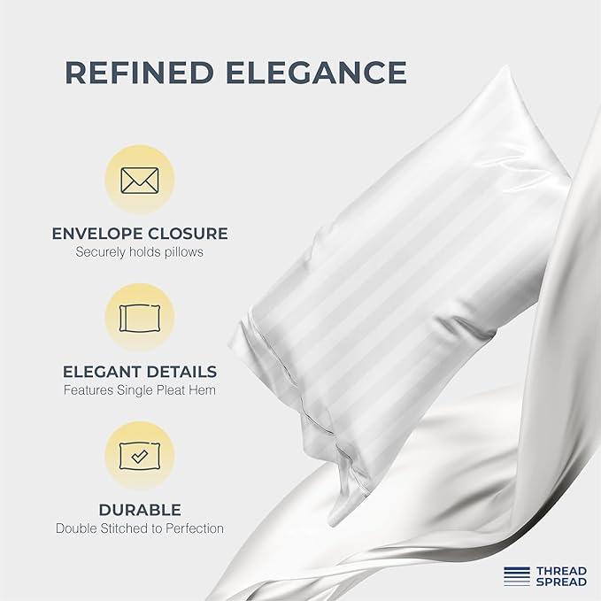 THREAD SPREAD Egyptian Cotton Sheets King Size - 1500 Thread Count 4 PC Damask Sheet Set Egyptian Cotton, Luxury Sheet King Size, Soft, Cooling Deep Pocket Sheets, Fits Upto 19" - White Stripe