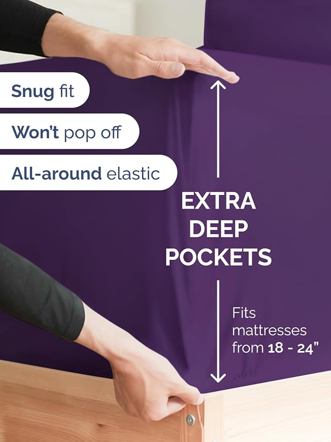 Extra Deep Cal King Fitted Sheet - Hotel Luxury Single Fitted Sheet Only - Easily Fits 18 inch to 24 inch Mattress - Ultra Soft, Wrinkle & Fade Free w/Extra Deep Pockets - Breathable & Comfy - Purple