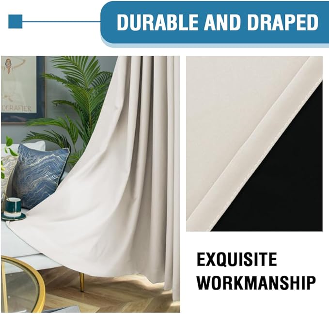 H.VERSAILTEX 100% Blackout Curtains for Bedroom Thermal Insulated Blackout Curtains 54 inch Length Heat and Full Light Blocking Curtains for Living Room with Black Liner 2 Panels Set, Fog