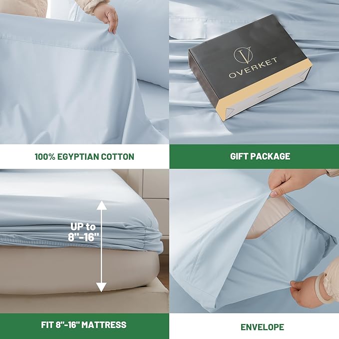 100% Egyptian Cotton Sheets King Size 4PCS 1000 Thread Count Sateen Weave Soft Breathable 16-Inch Deep Pocket （King,Light Blue）