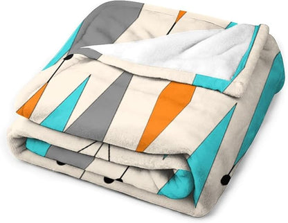 Mid Century Flannel Throw Blankets, Mid Century Modern Geometric Atomic Shapes Orange Retro Style Boho Print Blanket for Bed Couch Sofa Fuzzy Tv Throws 30"x40"