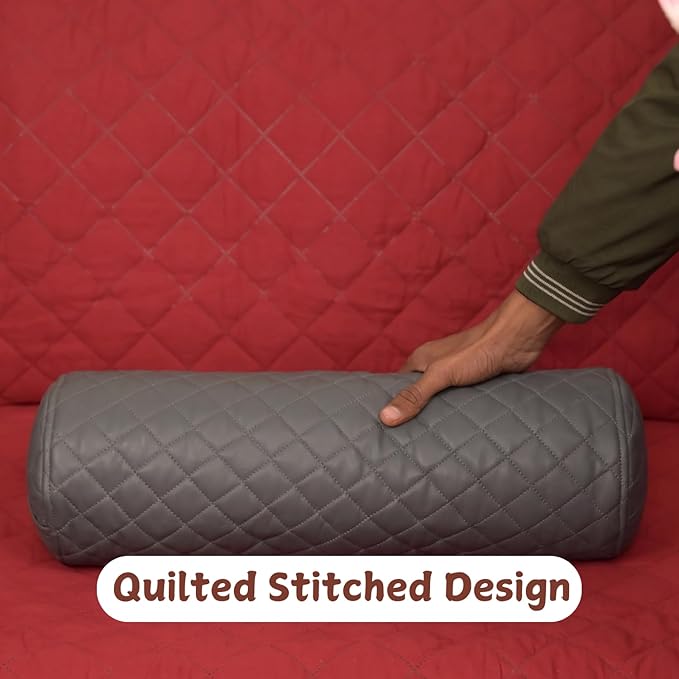 Neck Roll Pillow Cushion Cover, 20x7 Inch Full Moon Round Bolster Pillow Case, Cylinder Soft Lambskin Leather Pillowcase for Head, Spine & Neck Support During Sleep - Quilted Grey Pack of 1
