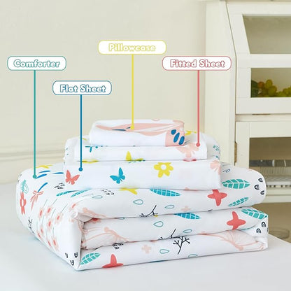 PERFEMET Girls Toddler Bedding Colorful Flower Blossom Comforter Set Butterfly Print Toddler Bedding Sets Ultra Soft Lightweight Bed-in-A-Bag for Toddlers(4 Pieces, White)