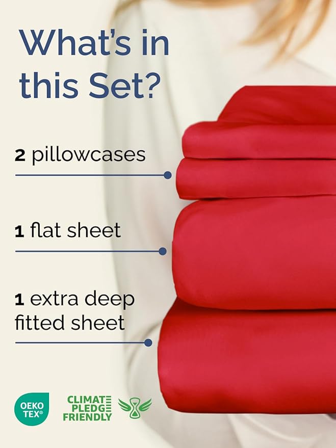 Extra Deep Pocket King Sheets - 4 Piece Breathable & Cooling Bed Sheets - Hotel Luxury Bed Sheet Set - Soft, Wrinkle Free & Comfy - Easily Fits Extra Deep Mattresses - Deep Pocket Red Sheets Set
