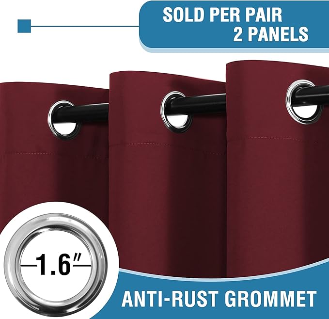H.VERSAILTEX 100% Blackout Curtains for Bedroom Thermal Insulated Blackout Curtains 54 inch Length Heat and Full Light Blocking Curtains for Living Room with Black Liner 2 Panels Set, Burgundy