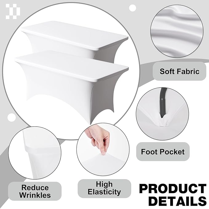 Trlyc 2 Pack 6FT Spandex Table Cloth - 72 x 30 Inch Rectangular Stretch Tablecloth, Wrinkle Resistant Scretch Table Cover for Wedding, Party, Banquet, Picnic, Outdoor Decoration (2Pcs,White)
