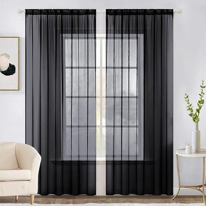 MIULEE 2 Panels Solid Color Sheer Window Curtains Elegant Halloween Window Voile Panels/Drapes/Treatment for Bedroom Living Room (54X72 Inches Black)