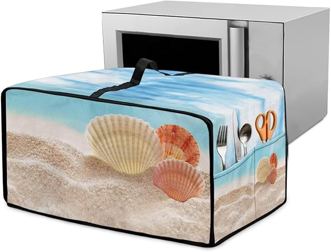 Toaster Oven Dust Cover Protective Microwave Oven Cover with Pockets, Small Appliance Decor for Kitchen Countertop, M, Beach Seashell