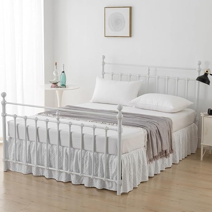 Bed Skirt Full Size Ruffled Bed Skirt with Split Corners, 14 Inch Drop Dust Ruffle Bed Skirts with Platform, Boho Tufted Shabby Chic Full Size Bed Skirts, White