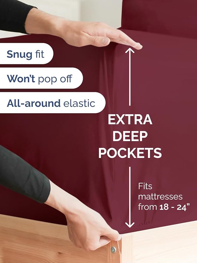 Extra Deep Pocket Full Sheets - 4 Piece Breathable & Cooling Bed Sheets - Hotel Luxury Bed Sheet Set - Soft, Wrinkle Free & Comfy - Easily Fits Extra Deep Mattresses - Deep Pocket Burgundy Sheets Set
