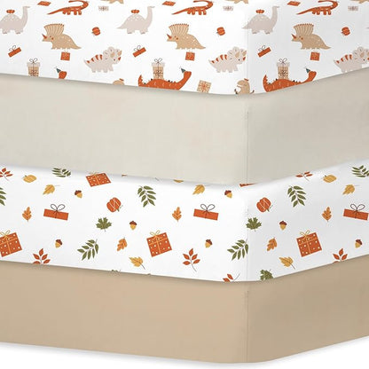 Bimocosy Crib Sheets 4 Pack, Baby Crib Sheets Fitted for Boys and Girls Breathable & Snug Fit, Soft Toddler Bed Sheets for Standard Crib Mattress Nursery Daycare Essentials, Autumn Dinos