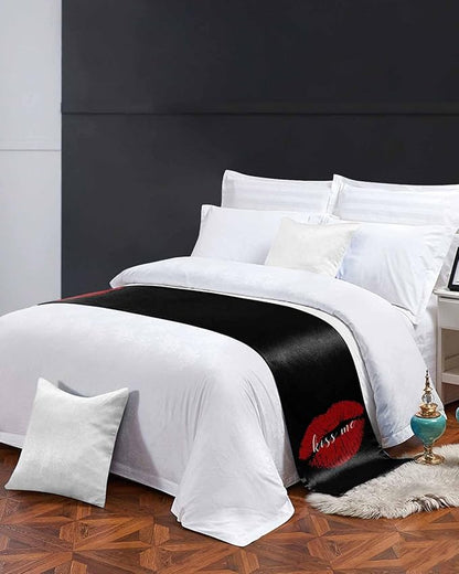 Red Lip Print Kiss Me Bed Runners for Bedroom Hotel,Decorative Bedding Scarf Black Back Bed End Blanket Bedding Runner Scarves for Full Size Bed,83x20in