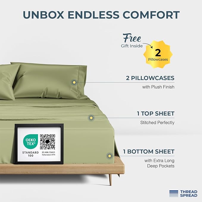 THREAD SPREAD 100% Egyptian Cotton Sheets Queen Size - 1500 Thread Count 4 PC Queen Sheet Set Egyptian Cotton, Sateen Weave Luxury Sheets Queen, High Thread Count Sheet, 17" Deep Pocket - Sage Green