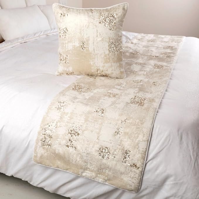 The HomeCentric Ivory Bed Runner Without Pillow Cover, Queen Size 74"x18" Decorative Bed Runner, Ivory Velvet Bed Scarf in Foil Velvet with Sequin - Creative Grudge