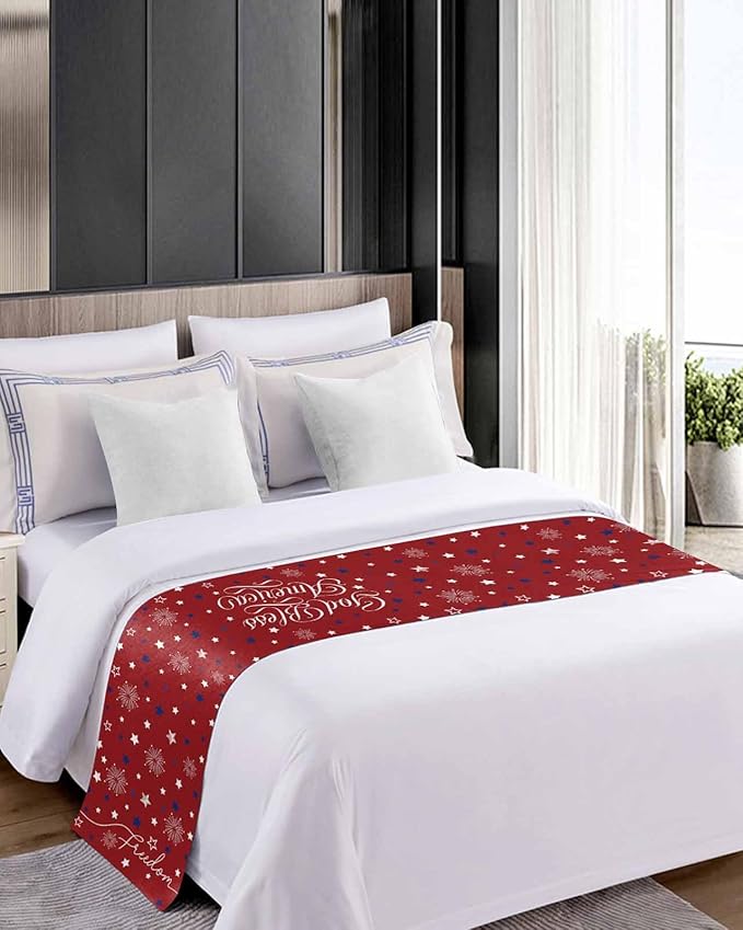 Independence Day Blue White Star Bed Runners for Bedroom Hotel,Decorative Bedding Scarf Freedom Celebration on Red Bed End Blanket Bedding Runner Scarves for Full Size Bed,83x20in