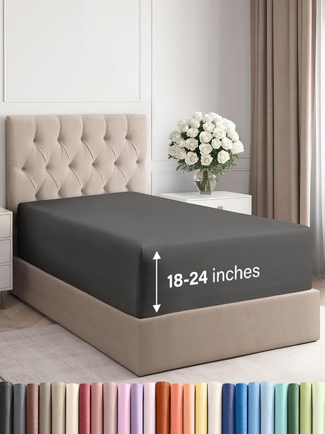 Extra Deep Twin XL Fitted Sheet - Hotel Luxury Single Fitted Sheet Only - Easily Fits 18 inch to 24 inch Mattress - Ultra Soft, Wrinkle & Fade Free w/Extra Deep Pocket - Breathable & Comfy - Charcoal