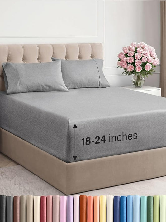 Extra Deep Pocket King Sheets - 4 Piece Breathable & Cooling Bed Sheets - Hotel Luxury Sheet Set - Soft, Wrinkle Free & Comfy - Easily Fits Extra Deep Mattresses - Deep Pocket Heathered Grey Sheets