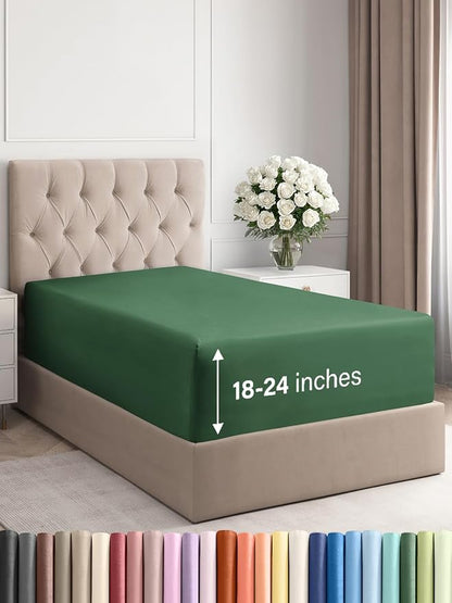 Extra Deep Twin XL Fitted Sheet - Hotel Luxury Single Fitted Sheet Only - Easily Fits 18 inch to 24 inch Mattress - Ultra Soft, Wrinkle Free w/Extra Deep Pockets - Breathable & Comfy - Emerald Green