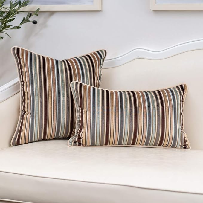 Yangest Brown Striped Throw Pillow Cover Multicolor Velvet Cushion Cover Modern Bohemian Pillowcase for Sofa Couch Bedroom Living Room Home Christmas Decoration,20x20 Inch