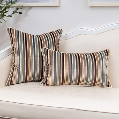 Yangest Brown Striped Throw Pillow Cover Multicolor Velvet Cushion Cover Zippered Rectangular Pillowcase for Sofa Couch Bedroom Living Room Home Decoration, 12x20 Inch