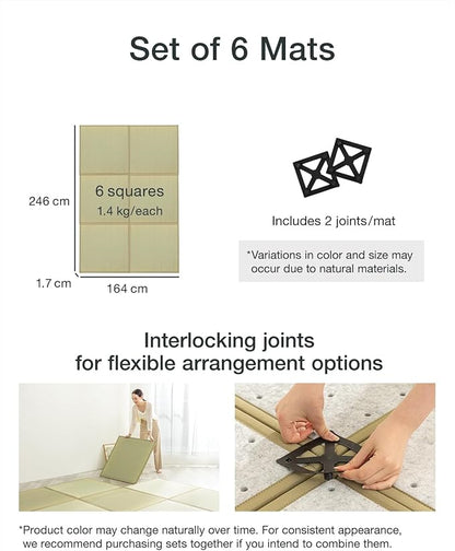 FULI Japanese Square Tatami Rug, Lightweight Igusa Mat (Japanese Rush Grass), Made in Japan (Natural, 6 Pieces)