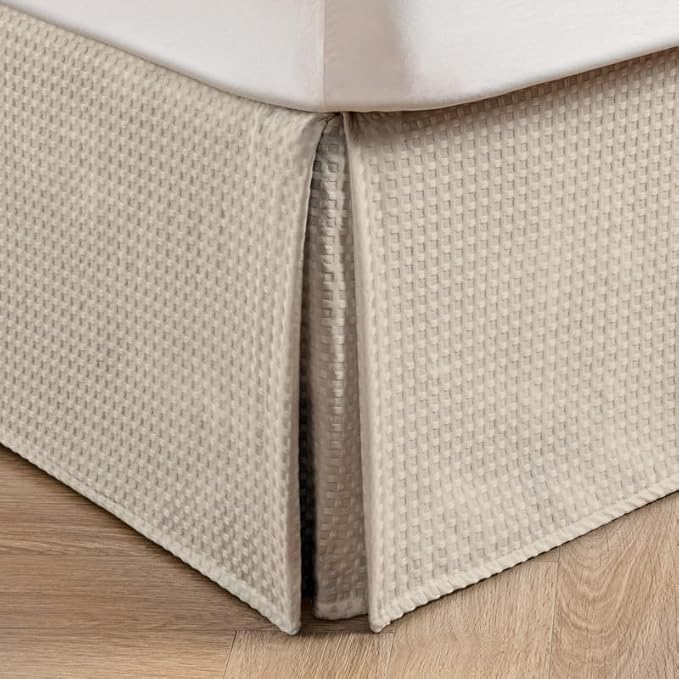 MIYE Pleated Waffle Weave Bed Skirt, Tailored Dust Ruffle 18 Inch Drop Easy Fit, Machine Washable,No Split Corners (Beige, King - 18" Drop)
