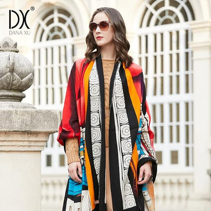 DANA XU 100% Merino Wool Extra Large Pashmina Blanket Travel Scarf Cashmere Wrap for Women Fall Winter Oversize Shawl Floral