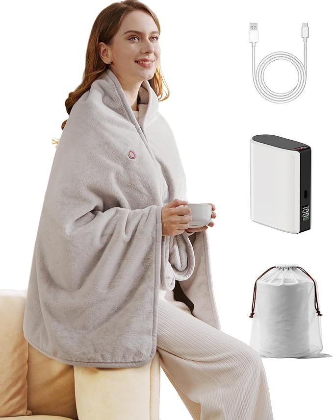 Rechargeable Warming Blanket with Battery Pack, Cordless Heated Throw for Home, Office, Car & Travel — Portable Wearable Shawl Design, Soft Cozy Fabric, Fast Heat Technology for People Who Always Cold