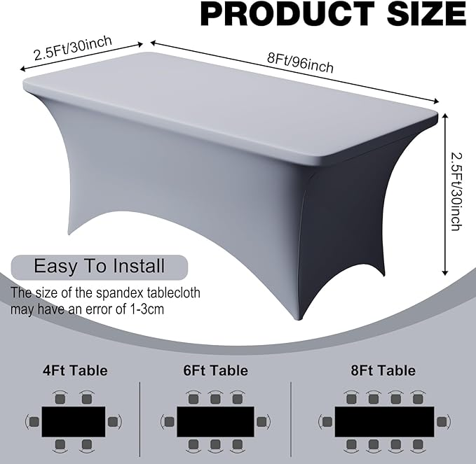 Trlyc 1 Pack 8FT Spandex Table Cloth - 96 x 30 Inch Rectangular Stretch Tablecloth, Wrinkle Resistant Scretch Table Cover for Wedding, Party, Banquet, Picnic, Outdoor Decoration (1Pcs,Grey)