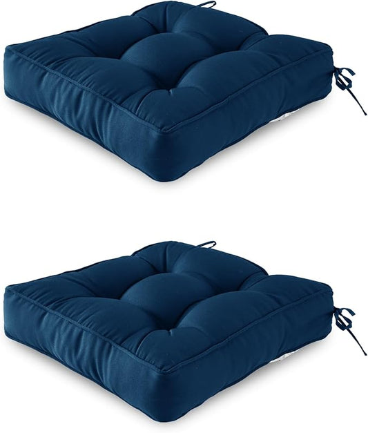ARTPLAN Outdoor Seat Cushion,Square Thick Tufted Pure Chair Cushion for Patio Wicker Chair with Tie,Set of 2,19"x19"x5"，Classic Blue