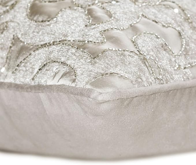 The HomeCentric King/Queen/Twin Silver Decorative Full 68"x18" Bed Runner Without Pillow Cover, Abstract, Floral, Bead Hand Embroidery Bed Scarf on Jacquard Fabric - Ethereal Silver