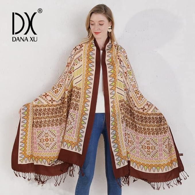 DANA XU 100% Merino Wool Pashmina Shawl for Women 96"x43", Oversized Cashmere Wrap with Tassels, Floral Travel Blanket Cape
