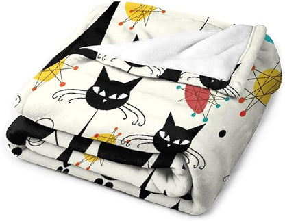 Mid Century Modern Throw Blanket, Atomic Black Cat Starbursts Iconic Sputnik Retro Abstract Geometric 1950s 1960s Throw for Adults Kids Pet, Beige Black 50"x60"