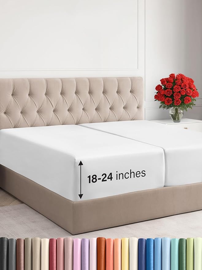 Extra Deep Split King Fitted Sheet - Hotel Luxury Single Fitted Sheet Only - Easily Fits 18 inch to 24 inch Mattress - Ultra Soft, Wrinkle & Fade Free w/Extra Deep Pocket - Breathable & Comfy - White