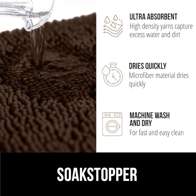 GORILLA GRIP SOAKSTOPPER Dog Door Mat, 48x30 Machine Washable Rug Absorbent Doormat Captures Moisture Mud Dirt, Quick Dry Soft Chenille Entryway Rugs Indoor Entrance Mats for Dog Paws, Brown