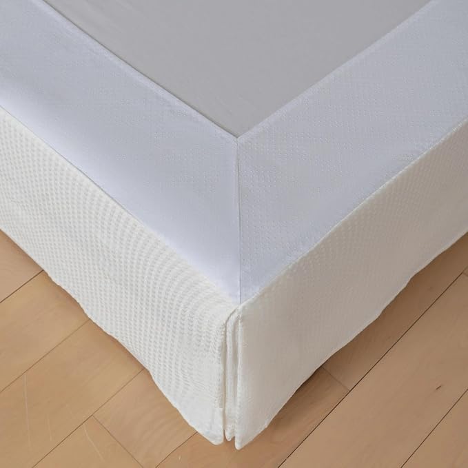 Queen Bed Skirt, Wrap Around Bed Skirt with Pleated Corner, 14 Inch Drop Pleated Waffle Weave Bedskirts, Anti-Slip, Microfiber, Ivory, 14'' Queen