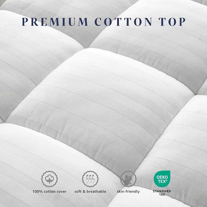Cooling Breathable Twin Size Thick Mattress Topper, Premium Cotton Mattress Pad for Kids, Machine Washable (39 x 75 Inches, White)