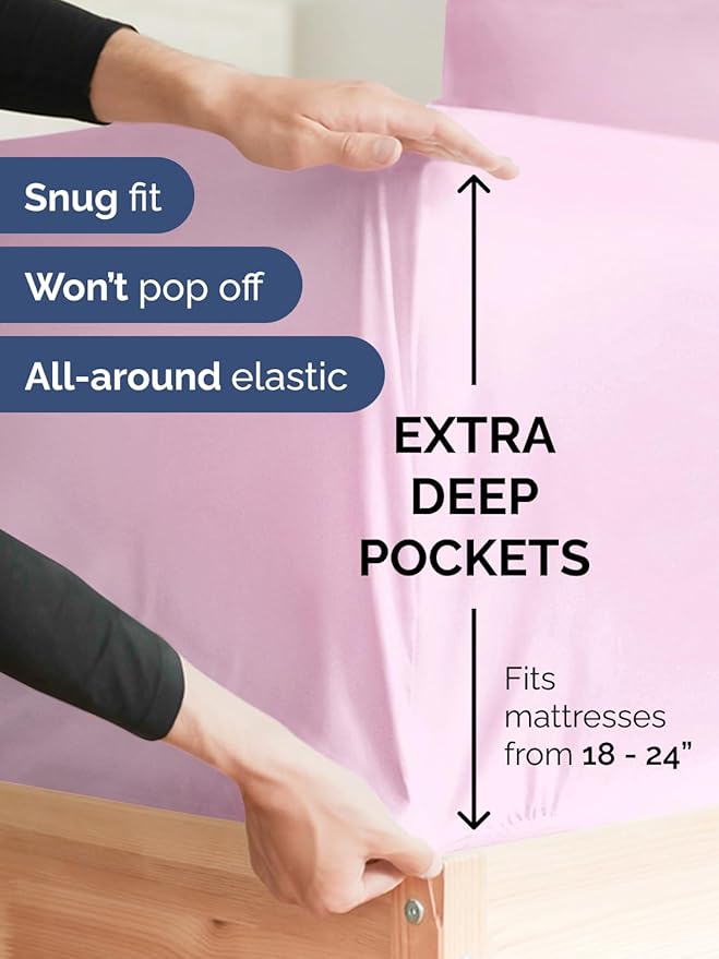 Extra Deep Cal King Fitted Sheet - Hotel Luxury Single Fitted Sheet Only - Easily Fits 18 inch to 24 inch Mattress - Ultra Soft, Wrinkle Free with Extra Deep Pockets - Breathable & Comfy - Light Pink