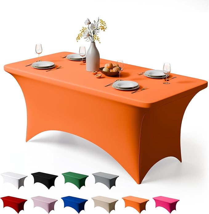 Trlyc 1 Pack 8FT Spandex Table Cloth - 96 x 30 Inch Rectangular Stretch Tablecloth, Wrinkle Resistant Scretch Table Cover for Wedding, Party, Banquet, Picnic, Outdoor Decoration (1Pcs,Orange)