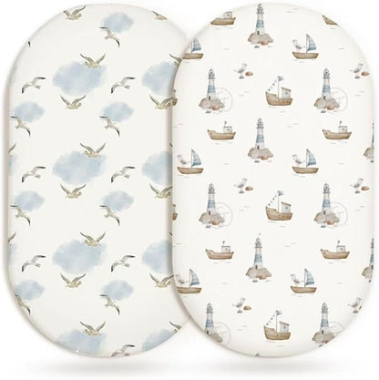 Bassinet Sheets for Baby Girls Boys 2 Pack, Fitted Baby Mattress Sheet for Rectangle, Oval, Hourglass Bassinet Mattress, Breathable Cozy & Universal Fit (Sailing Waves)