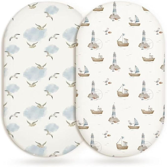 Bassinet Sheets for Baby Girls Boys 2 Pack, Fitted Baby Mattress Sheet for Rectangle, Oval, Hourglass Bassinet Mattress, Breathable Cozy & Universal Fit (Sailing Waves)